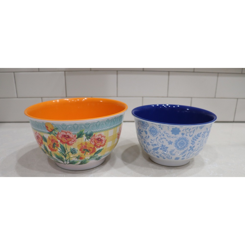 Pioneer Woman Melamine Prep Bowl Set Floral Plaid Blue White Orange 2 Piece